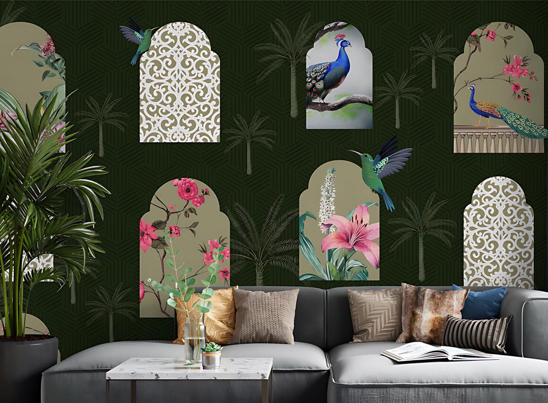 Modern Indian Jharokha Wallpaper Mural With Floral Door Arches, Peacock