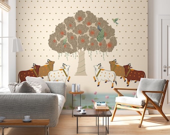 Beige Pichwai Cow Tree Wallpaper Mural | Peacock Lotus Pond Indian Wall Decor | Custom Sacred Puja Room & Temple Rajasthani Heritage Art