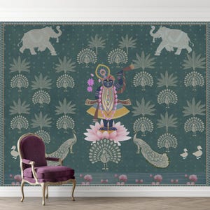 Shrinathji Pichwai Wallpaper Mural: Krishna, Lotus & Elephant Indian Temple Decor