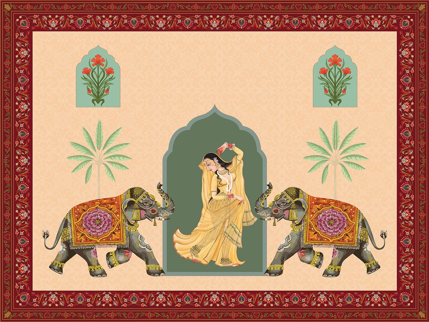 Indian Queen Dancing Jharokha Art Wallpaper Mural, Traditional Mughal ...