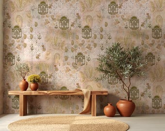 Beige Mughal Floral Custom Wallpaper Wall Mural – Luxury Victorian Large Living Room Wallcovering