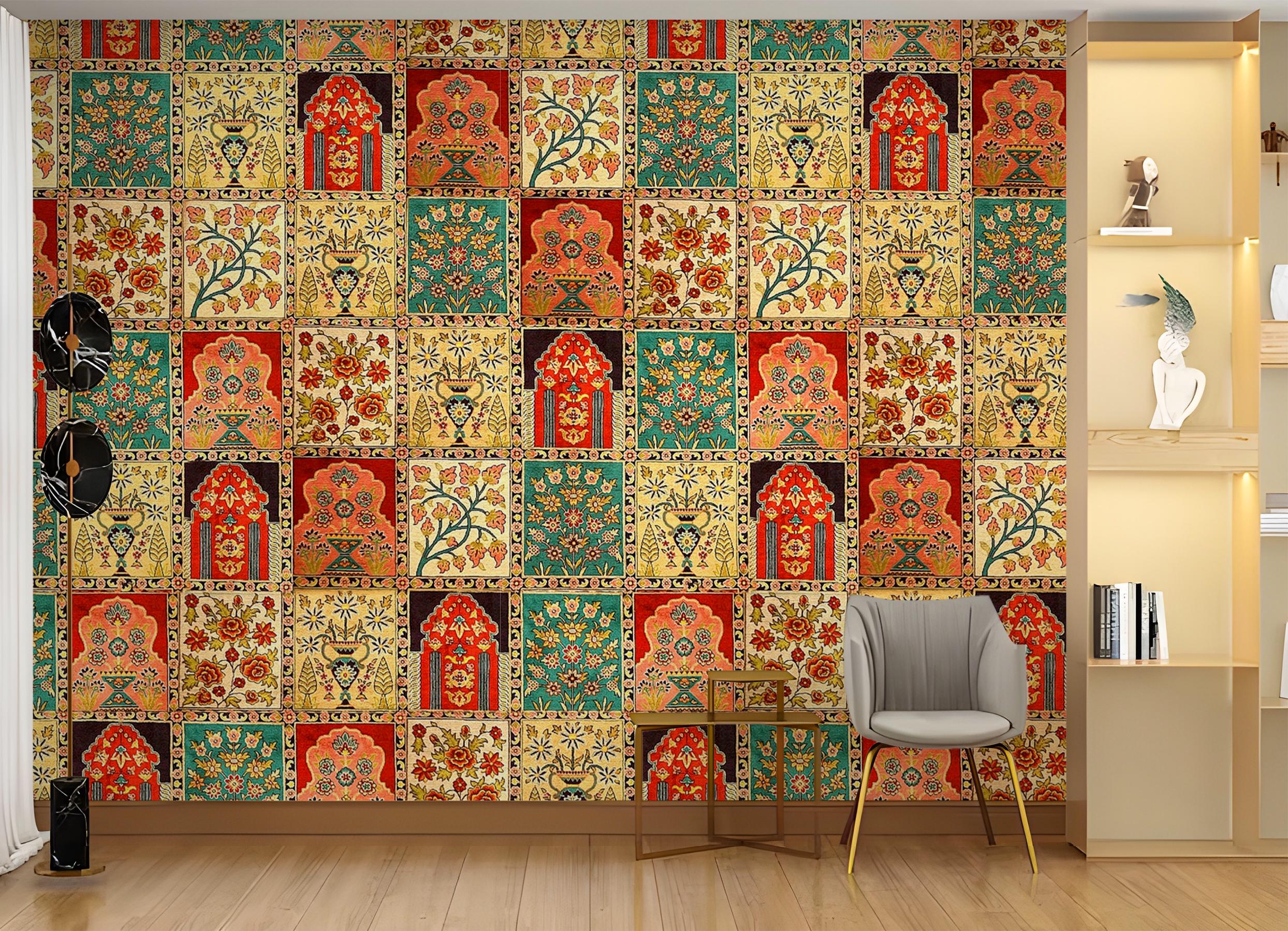 Traditional Mughal Art Wallpaper Carpet Rug Wall Mural, Hand Knotted ...