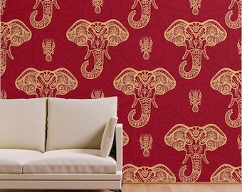 Ganesha Wallpaper | Elephant God Wallpaper | Hindu Wallpaper | Elephant Mural | Red Golden Elephant Decor | Red Wallpaper Canvas Wallpaper