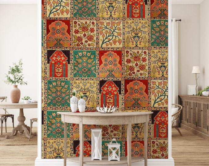 Traditional Madhubani Indian Wallpaper Mural With Beige Background for ...