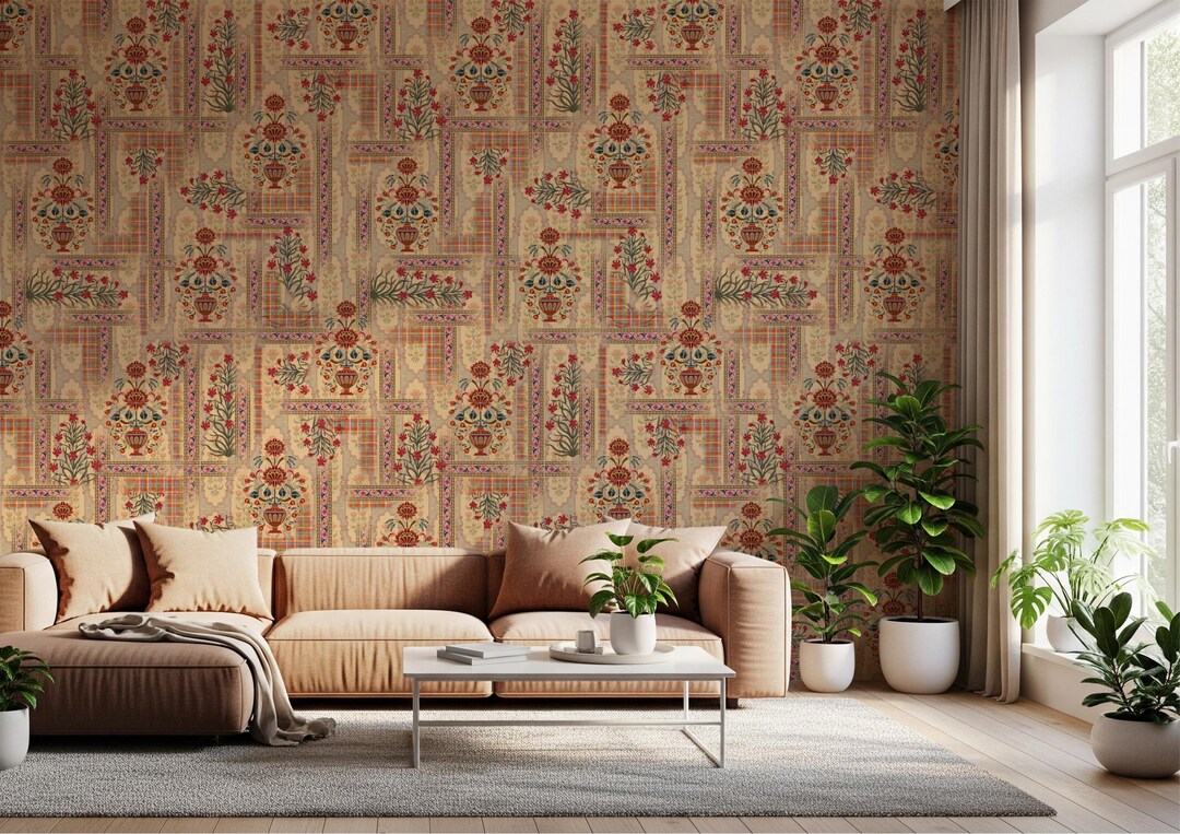 Beige Mughal Floral Patchwork Wallpaper Wall Mural - Traditional Indian ...