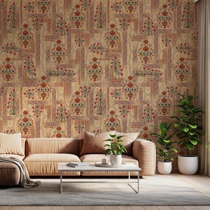 Beige Mughal Floral Patchwork Wallpaper Wall Mural - Traditional Indian Vintage Ethnic Large Wallcovering