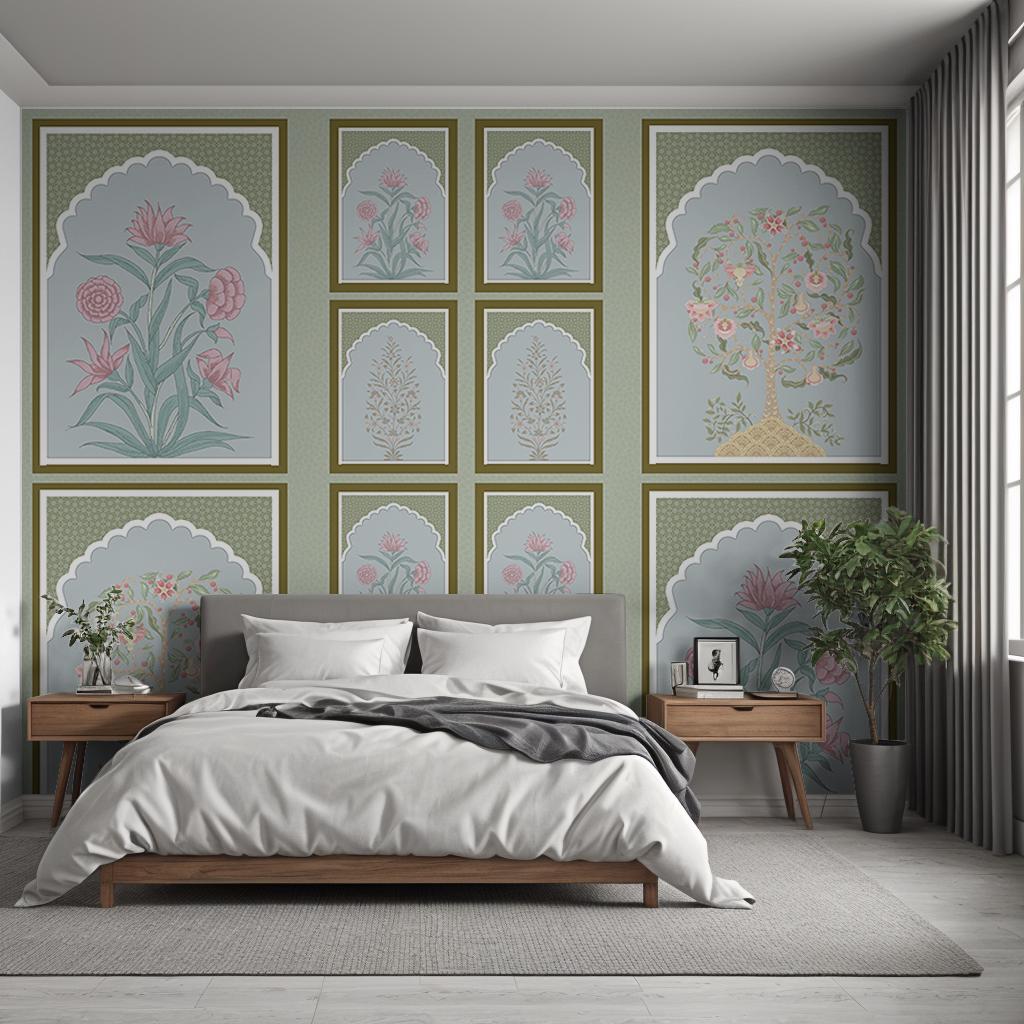Indian Jharokha Wallpaper Mural Featuring Floral Arches, Mughal ...