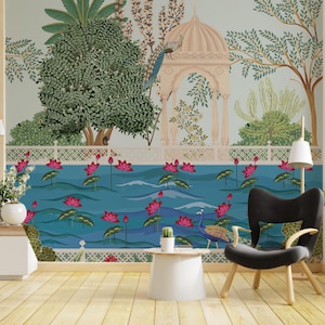 Mughal Rajasthani Garden Lake Wallpaper | Royal Indian Wall Mural with Lotus Flowers and Peacocks | Traditional Art Wall Decor for Home