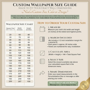 Custom wallpaper size guide for wall murals showing how to measure wall width and height in inches, calculate square feet, and choose the correct wallpaper size. Includes a wallpaper size chart with dimensions from 20 to 200 square feet, installation margin details, and step-by-step ordering instructions. Custom wallpaper can be tailored to exact wall measurements, with panels numbered for easy installation and a free digital mockup available before production.