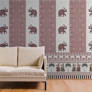 Indian Elephant Pichwai Wallpaper for Temple Room Decor - Traditional Elephant Pattern Wall Mural for Pooja Mandir, Ethnic Wall Art for Home