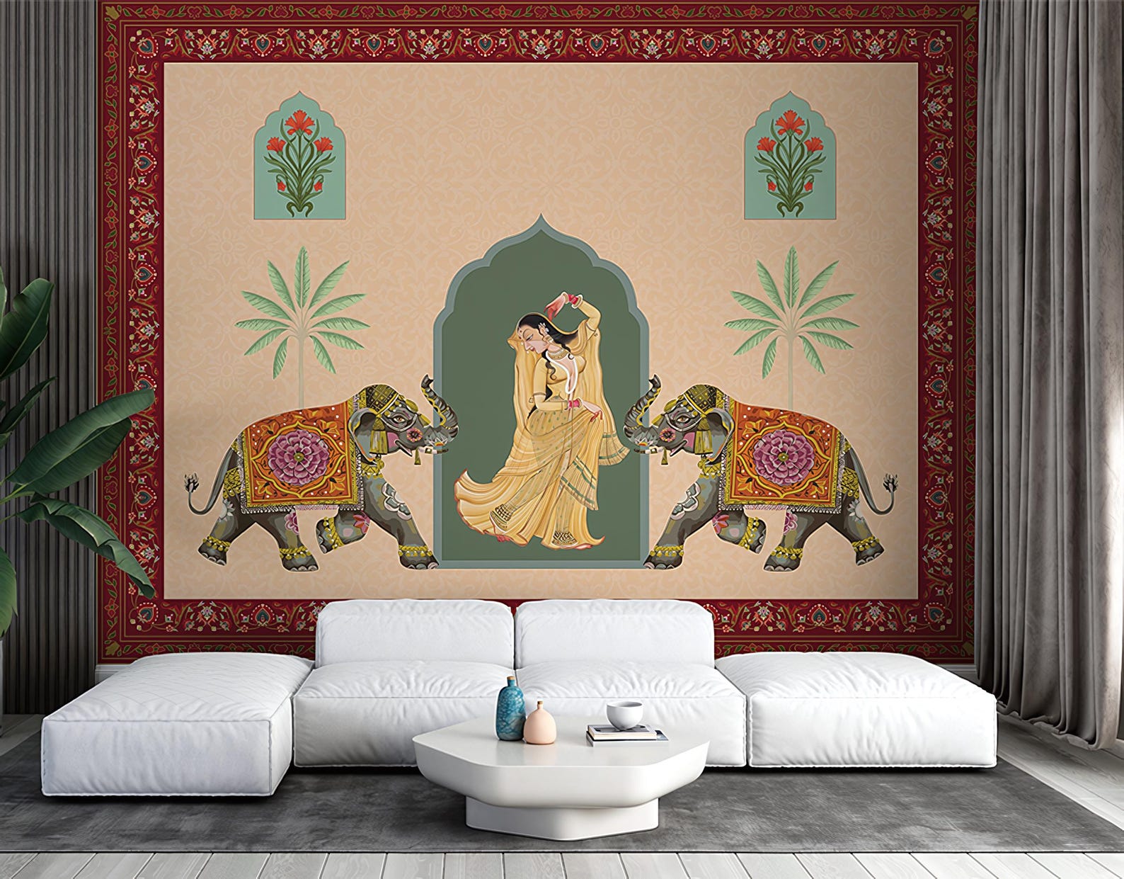 Indian Queen Dancing Jharokha Art Wallpaper Mural, Traditional Mughal ...