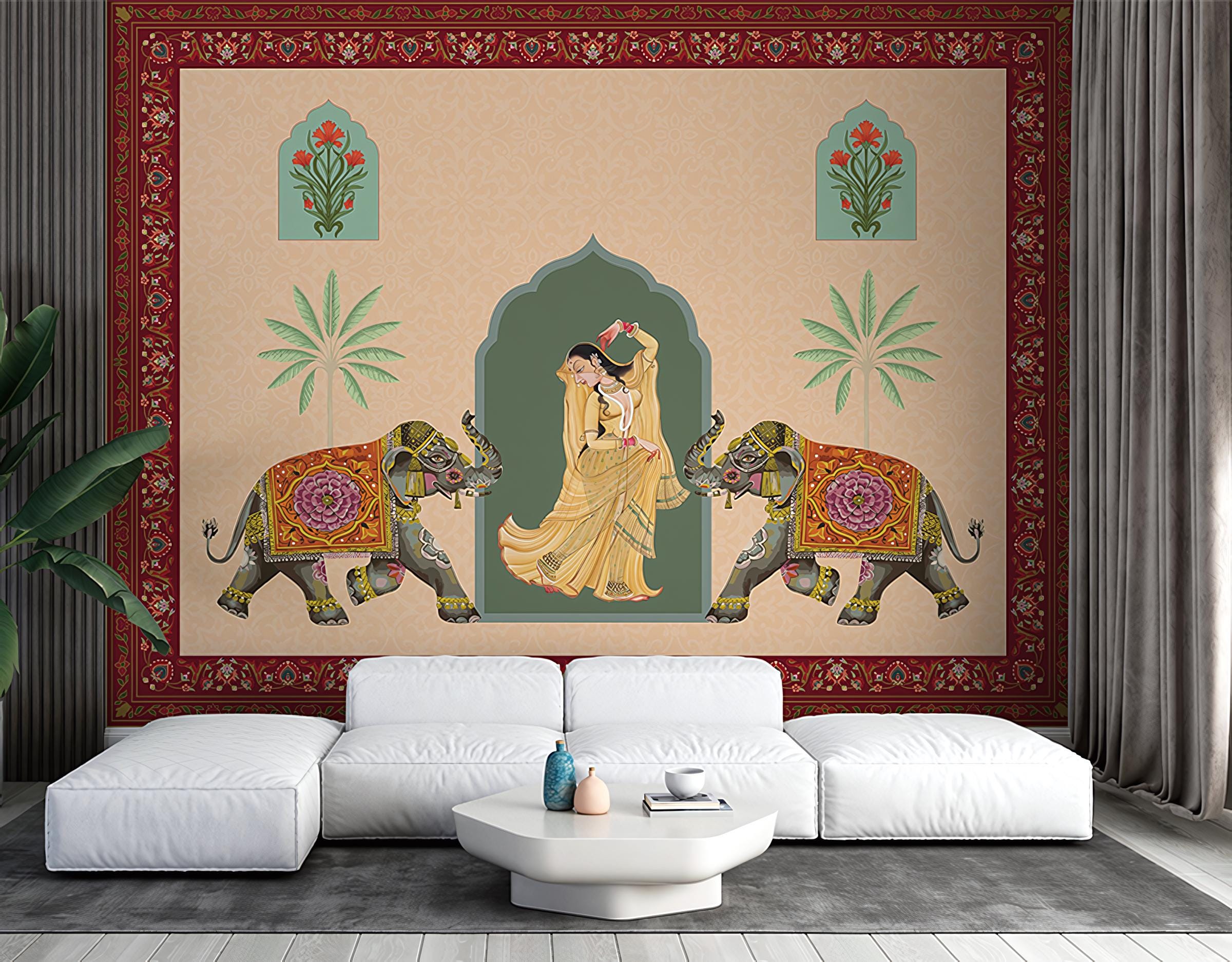 Indian Queen Dancing Jharokha Art Wallpaper Mural, Traditional Mughal ...