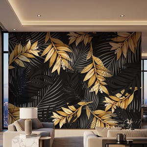 Black and Gold Leaf Wallpaper, Dark Tropical Luxury Art Wall Mural, Large Botanical Leaves for Moody Bedroom Feature Wall, Living Room Decor