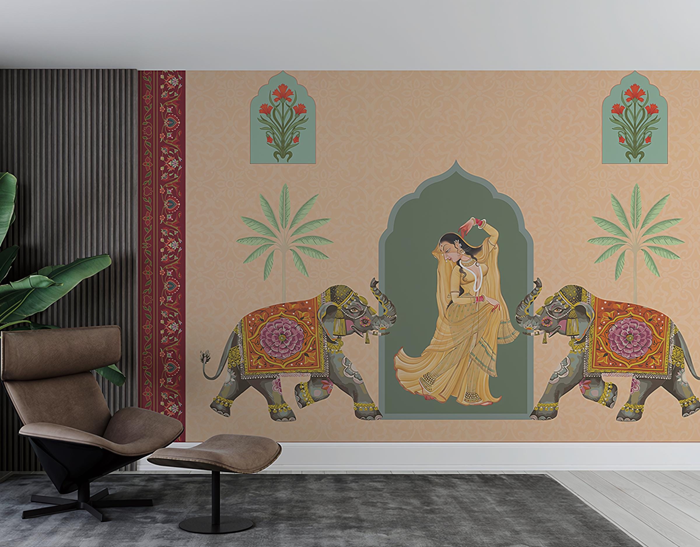 Indian Queen Dancing Jharokha Art Wallpaper Mural, Traditional Mughal ...