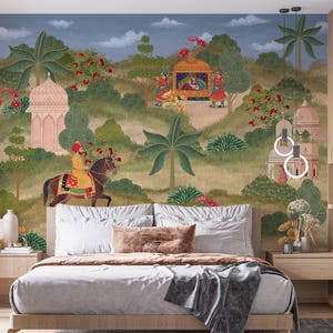 May include: A mural depicting an Indian landscape with a rider on horseback, a palanquin, and domed structures. The scene is filled with lush greenery, red flowers, and palm trees, set against a backdrop of a cloudy sky. The color palette includes earthy tones, greens, and pops of red.