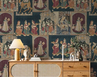 Indian Miniatur Art Collage Tapete | Mughal & Rajasthani Erbe Vintage Wandbild | Traditionelle ethnische Jharokha für Wohnzimmer, Schlafzimmer
