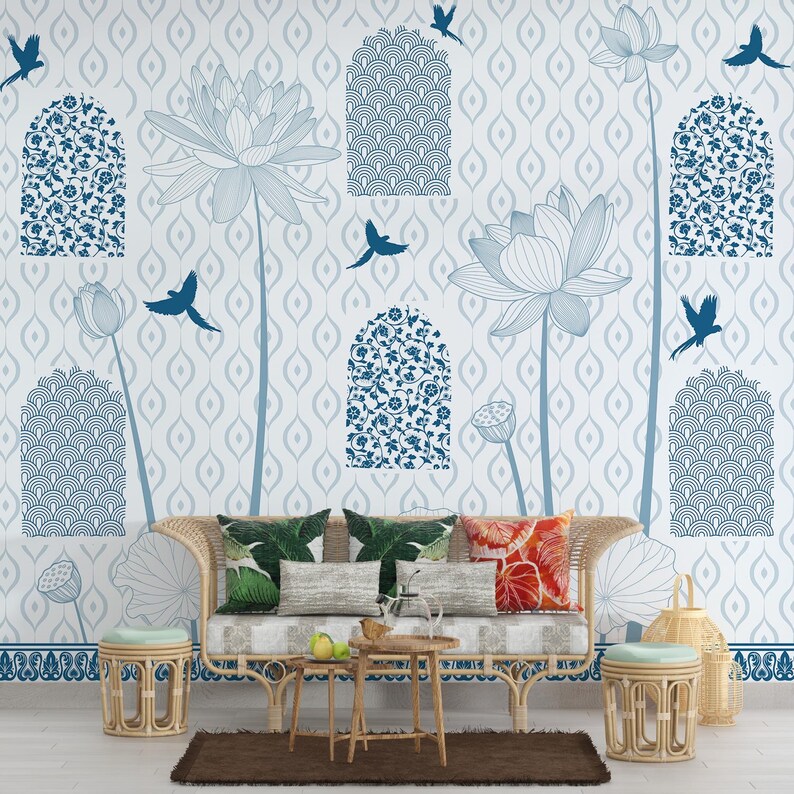 Blue Lotus Pichwai Jharokha Wallpaper Mural, Custom Indian Floral ...