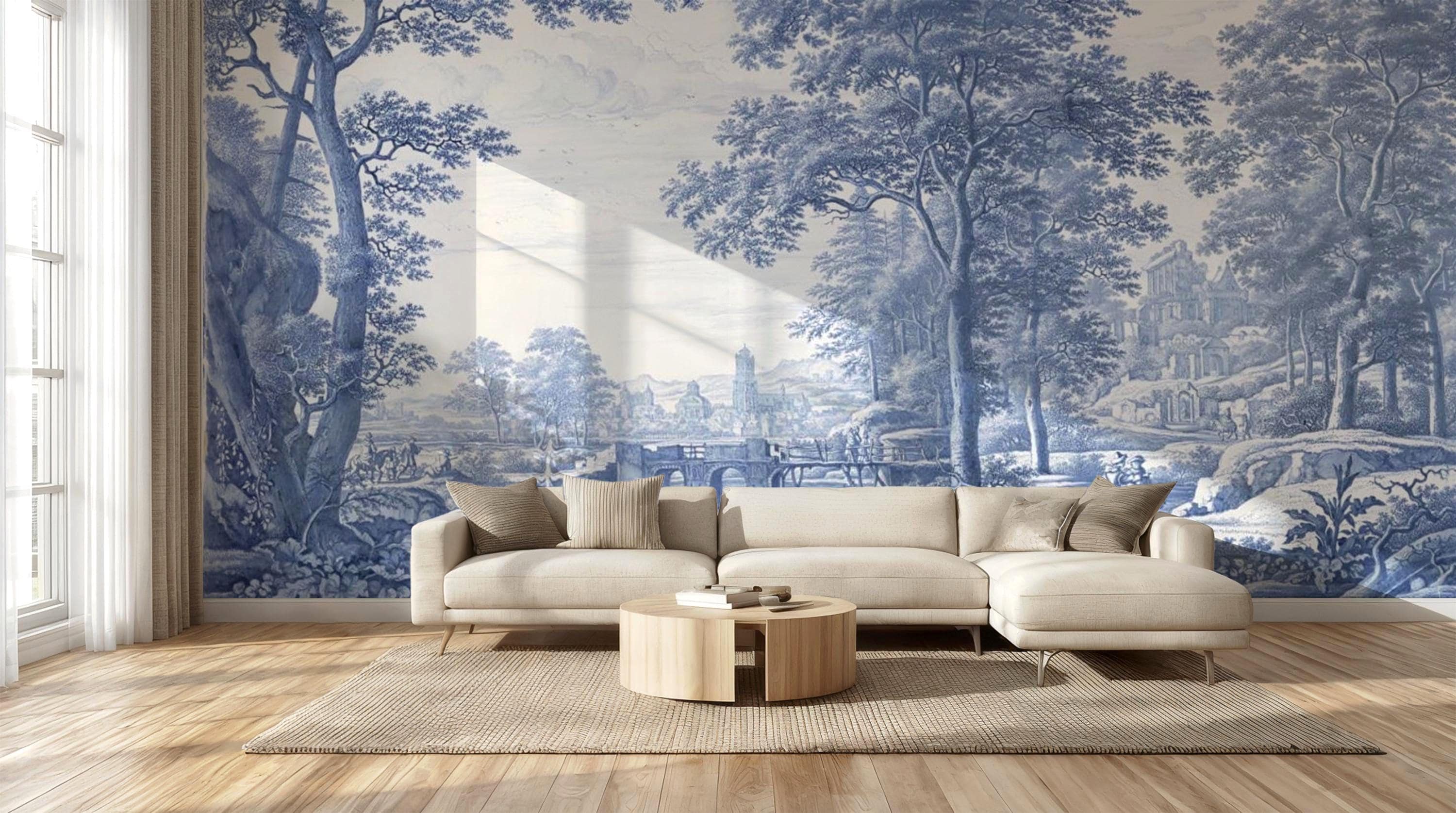 Vintage Blue Toile Wallpaper Mural – French Country Pastoral
