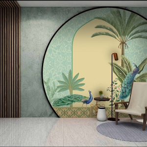 Peacocks in Palace Garden Wallpaper - Traditional Mughal Artwork Wall Mural for Bedroom, Royal Indian Wall Covering for Temple Room Decor