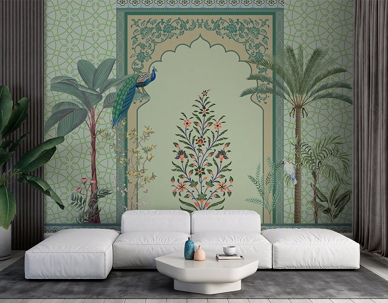 Indian Vintage Art Wallpaper Mural With Tropical Peacock Birds Mughal