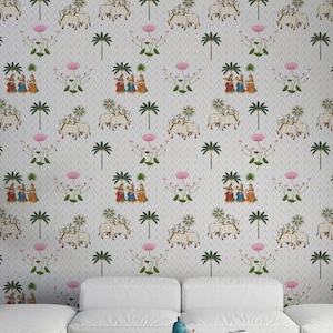 Indian Pichwai Wallpaper: Cow & Lotus Mural, Temple Decor