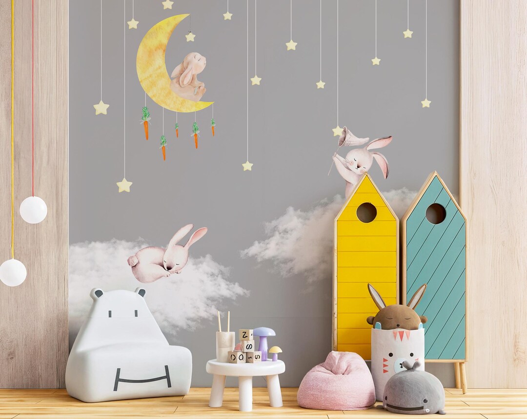 Soft Bunny Moon Nursery Wallpaper Mural | Rabbits Clouds Stars Kids ...