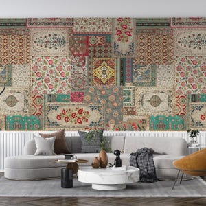 Vintage Indian Patchwork Fabric Wallpaper Mural, Rajasthani Mughal Bohemian Wall Art, Oriental Floral Collage, Carpet-Inspired Wall Covering