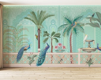 Chinoiseries Mughal Palace Bird Garden Wallpaper Muurschildering voor Woonkamer, Royal Peacock Turquoise Bomen Muur Decor, Natuur Canvas Kunst Schilderij