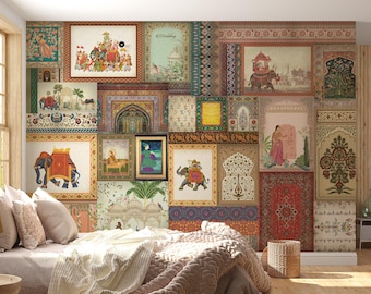 Indian Mughal Vintage Collage Wallpaper Mural, Royal Heritage Art Wall Decor for Living Room , Traditional Historical Wall Covering for Home