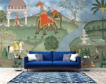 Royal Indian Garden Wallpaper | Traditional Heritage Palace Wall Mural | Historic Rajasthani and Mughal Wall Art Decor for Accent Walls