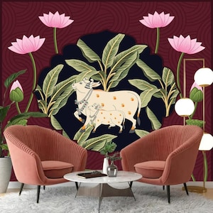 Indian Pichwai Cow and Calf Canvas Wallpaper | Traditional Floral Art Decor for Home |  Premium Canvas Wallpaper for Temple Room, Ethnic Art