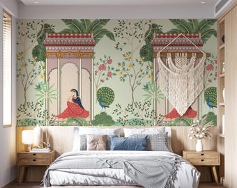 Mughal Garden Peacock Wallpaper - Indian Rajasthani Jharokha Art | Traditional Bird & Floral Design Wall Mural for Living Room | Custom Size