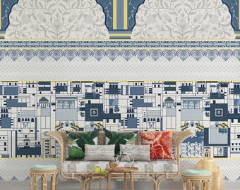 Traditional Pichwai Indian Wallpaper Mural, Rajasthani Folk Art Accent Wall Decor, Ethnic Udaipuri Blue Jharokha Palace Architecture Murals