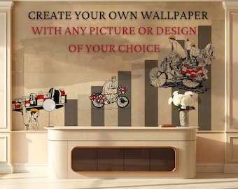 以下が含まれることがあります： CREATE YOUR OWN WALLPAPER WITH ANY PICTURE OR DESIGN OF YOUR CHOICEというテキストが書かれた壁画。自転車で荷物を運ぶ人々のイラストが、垂直の灰色のバーを背景に描かれています。