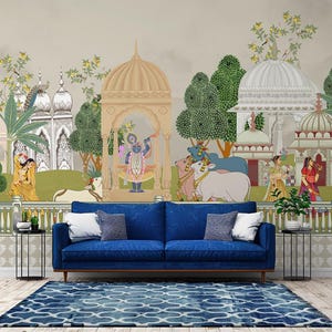 Shrinathji Pichwai Wallpaper Mural: Indian Cow & Peacock Art
