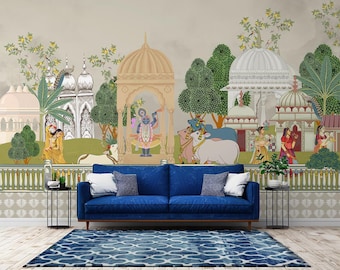 Shrinathji Pichwai Long Accent Wall Wallpaper Mural: Indian Cow & Peacock Art Wall Decor for Living Room, Custom Handmade Indian Wall Design