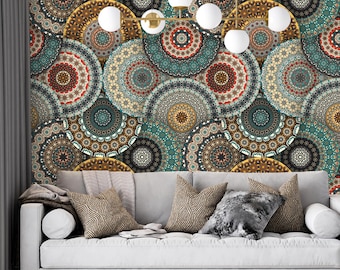 Bohemian Mandala Custom Wallpaper, Moroccan Geometric Accent Wall Mural, Vintage Ethnic Pattern Wall Covering, Teal Mustard Neutral Wall Art