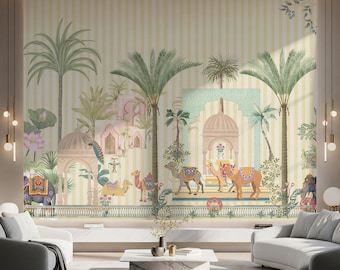 Indian Palace Ethnic Wallpaper Mural, Mughal Garden Scenic Wallcovering with Camels & Palms, Vintage Exotic Tropical Botanical Wall Decor