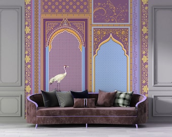 Vintage Indian Jharokha Arch Wallpapers - Ancient Mughal Royal Windows Wall Murals, Floral Designer Art Wall Coverings for Home Decor