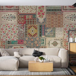 Vintage Patchwork Wallpaper Mural, Rajasthani Floral Oriental Carpet Collage Wall Decor, Ethnic Heritage Mughal Wallcovering for Accent Wall