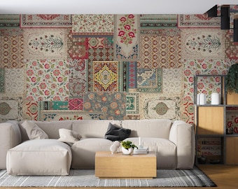 Vintage Patchwork Wallpaper Mural, Rajasthani Floral Oriental Carpet Collage Wall Decor, Ethnic Heritage Mughal Wallcovering for Accent Wall