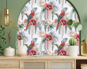 Tropical Leaves and Parrot Wallpaper | Parrot Wallpaper | Floral Wallpaper | Parrot Wall Mural | Exotic Bird Wallpaper | Canvas Wallpaper