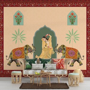 May include: A living room interior with a couch, two side tables, and two ottomans. The wall is decorated with a mural featuring a woman in a yellow dress, two elephants, and palm trees. The mural is framed by a red and gold border.