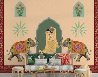 Indian Queen Dancing Jharokha Art Wallpaper Mural, Traditional Mughal & Rajasthani Miniature Wall Mural | Ethnic Heritage Wall Decor