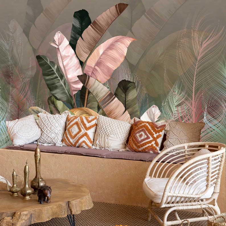 Colorful Banana Leaf Wallpaper Tropical Banana and Palm Leaf Wall Mural