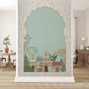 Traditional Mughal Garden Archway Palace Temple Wallpaper Mural for Living Room, Mughal Palace Temple Floral Entryway Bohemian Wall Decor