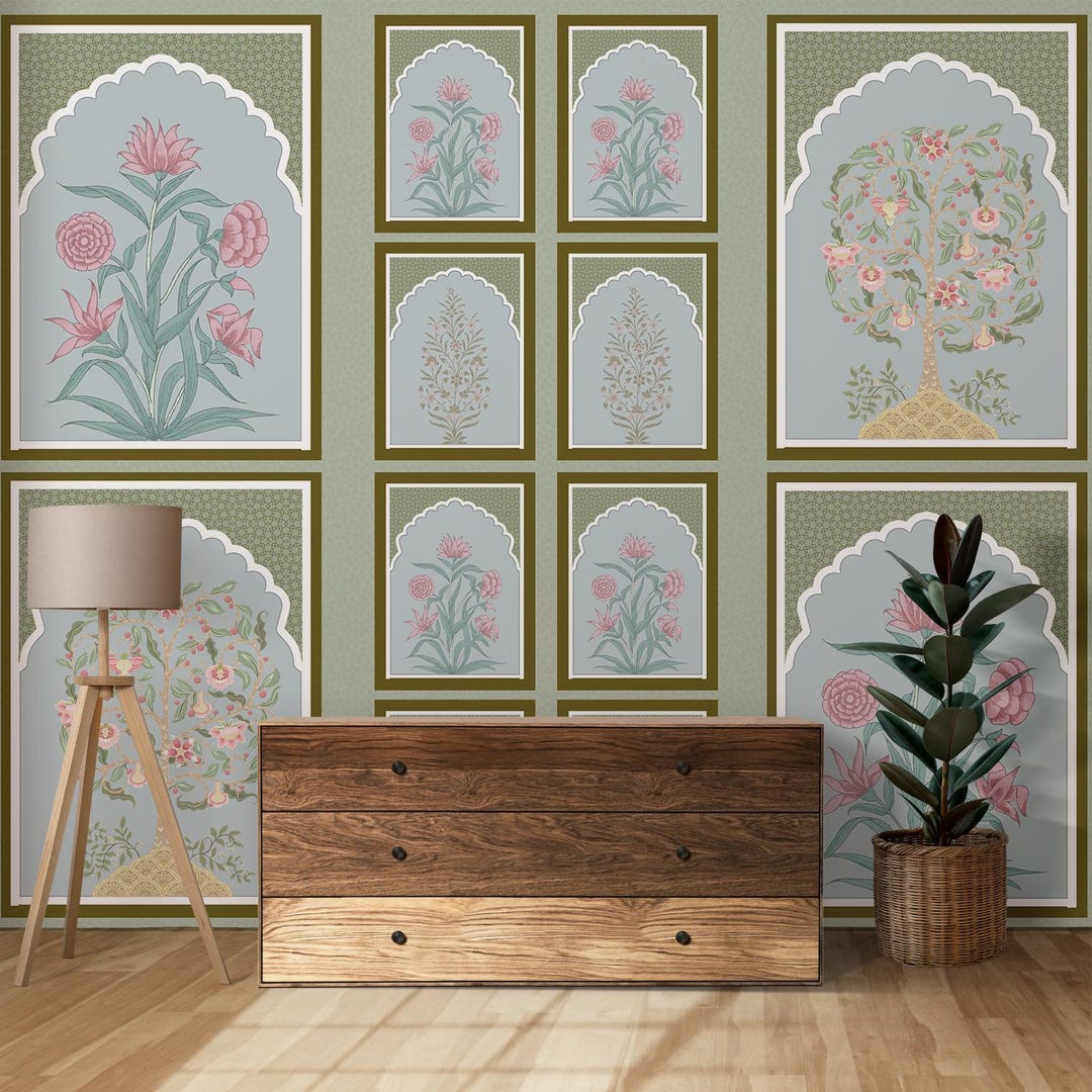 Indian Jharokha Wallpaper Mural Featuring Floral Arches, Mughal