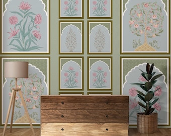 Indian Jharokha Wallpaper Mural Featuring Floral Arches, Mughal Rajasthani Mural For Home Wall Decor, Traditional Architecture Wall Covering