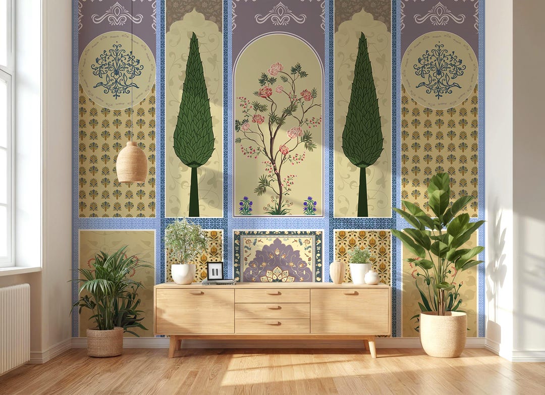 Rajasthani Mughal Arch Wallpaper Mural, Floral Cypress Tree ...