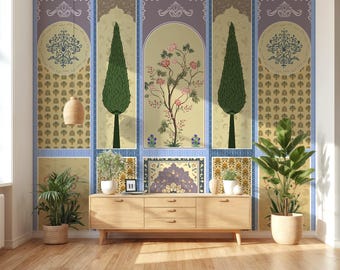 Rajasthani Mughal Arch Wallpaper Mural, Floral Cypress Tree Wallcovering, Indian Palace Jharokha Wall Decor, Vintage Heritage Boho Wall Art